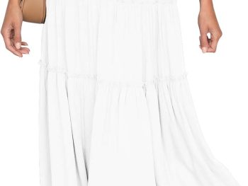 Women's Boho Elastic High Waist A Line Ruffle Swing Beach Maxi Skirt with Pockets