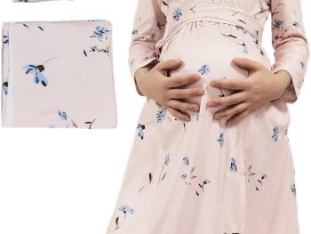 Women's Maternity Nursing Mommy Robe with Matching Swaddle Set, Pregnancy Hospital Labor Robes