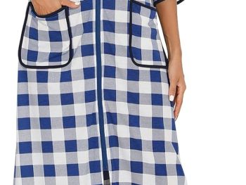 Women Zipper Robe Women Half Sleeve Bathrobe Full Length Ladies Stripe Housecoat with Pockets S-3XL
