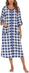Women Zipper Robe Women Half Sleeve Bathrobe Full Length Ladies Stripe Housecoat with Pockets S-3XL