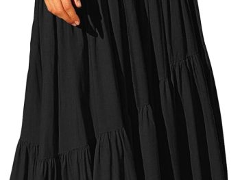 Women’s Boho Elastic High Waist Pleated A-Line Flowy Swing Asymmetric Tiered Maxi Long Skirt Dress with Pockets