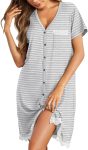 Women Striped Nightgowns Button Down Sleepshirts Short Sleeves Nightshirts