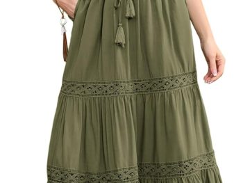 Women Renaissance Skirt  Lace Trim Tiered Maxi Skirts with Pockets