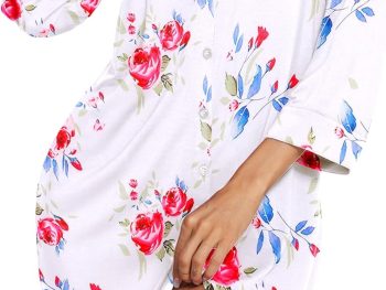 Women's Nightgown V Neck Striped Button Down Sleepwear 3/4 Sleeves Nightshirts Soft Button Sleep Dress S-XXL