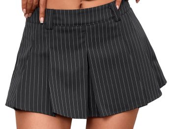 Women's Striped Low-Waisted Pleated Mini Skirt – Y2K Style Flared Skirt
