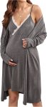 Women's Maternity Pajama Set V Neck Nursing Gown and Robe Sets Pregnancy Sleepwear