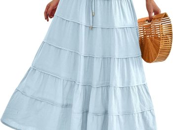 Women Summer Tiered Maxi Skirt Drawstring Elastic Mid-Waist A Line Boho Beach Dress Flowy Long Skirts with Pocket