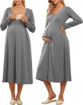 Cotton Blend Maternity Pajamas Nightgown Button Down Nursing Gown Labor Delivery Breastfeeding Dress with Pockets