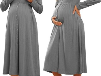 Cotton Blend Maternity Pajamas Nightgown Button Down Nursing Gown Labor Delivery Breastfeeding Dress with Pockets