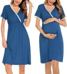 Women 3 in 1 Delivery/Labor/Nursing Nightgown Short Sleeve Pleated Maternity Sleepwear for Breastfeeding
