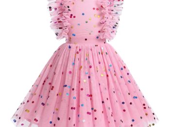 Kids Girls Sequins Romper Tutu Dress Butterfly Daisy Polka Dots Embroidery Princess Tulle Wedding Pageant Evening Gown Flutter Sleeves Birthday Party Dresses 5-6 Years Pink Polka Dots